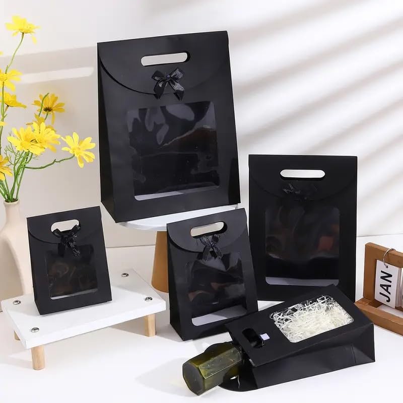 Emartbuy Large Kraft Gift Bags with Clear Window & Ribbon Handle – Size 2 (26 × 19 × 9 cm) | Pack of 12 | Luxury Black Paper Bags for Bakery Packaging, Corporate & Festive Gifting