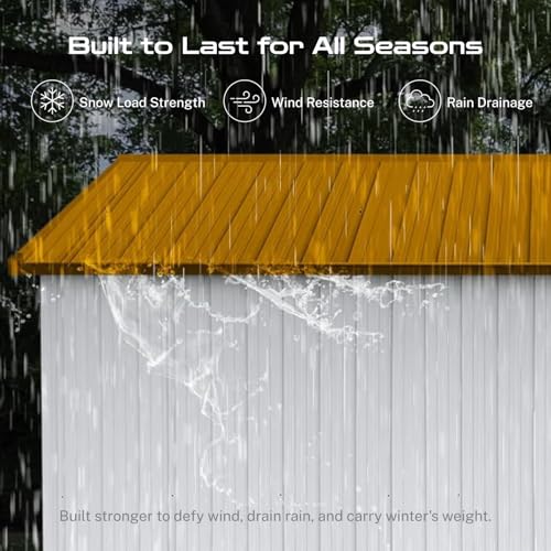 10 x 12 FT Outdoor Storage Shed, Metal Garden Tool Shed with Slooping Roof, Lockable Doors and Windows, Easy to Assemble for Garden, Patio, Lawn, White+Yellow