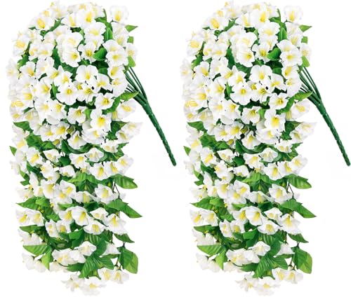 Image of Bassion 2 Pack Artificial Hanging Petunias Flowers for Outdoors, White | UV resistant, silk fake flowers, hanging morning glory trailing vines, porch garden spring summer planter decoration