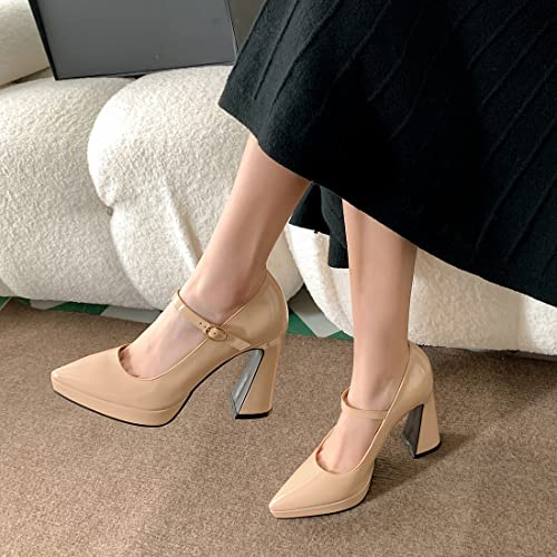 VOKLIN Women's Fashion Pointed Toe Ankle Strap Dress Pumps Chunky Block High Heel Patry Mary Jane Pump Shoes4