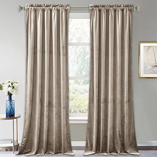 Image of RYB Home Room Darkening Velvet Curtains & Drapes - Energy Efficiency Soft Velvet Luxury Window Curtains for Bedroom Living Room Backdrop Patio Door, Camel Beige, 52 Width x 90 inch Length, 1 Pair | Thermal Insulated, Privacy, Sunlight UV Heat Blocking, Luxurious Decor, Dining Room Nursery, Rod Pocket, W52 x L90, 2 Panels
