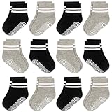 GRPSKCOS Rutschsocken Socken Kinder 12 Paar Stoppersocken Baby ABS Socken Kinder Antirutschsocken für 0-7 Jahre Jungen Mädchen(#4 Schwarz+Hellgrau 0-6 Monate)