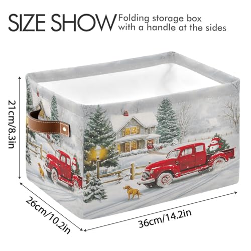 Image of Red Truck Christmas Storage Basket Bin Xmas Tree Winter Snowman Fabric Storage Box Cube with Handles Kids Toys Hamper Closet Shelves Basket Organizer for Bedroom Nursery Home Decorative
