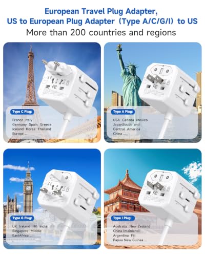 Image of European Travel Plug Adapter - Multi Country Outlet Adapter with 3 AC Outlets & 4 USB(2USB-C)4.2A, 5ft Universal Power Cord, Worldwide Outlet Charger for Europe EU Germany France, Type A /C /G /I, Travel