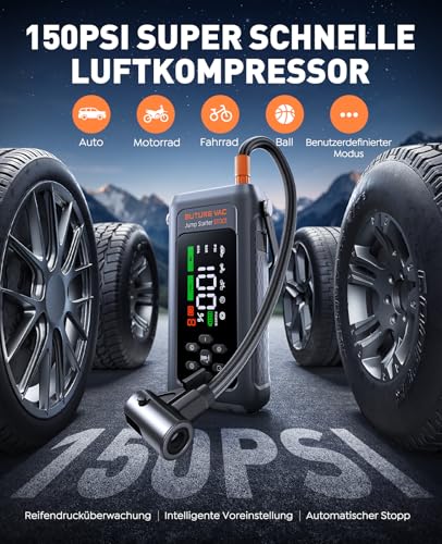 5000A Starthilfe Powerbank mit 150PSI Kompressor, 12V Auto Starthilfe Powerbank für 12 V(Bis zu All Benzin und 9.0L Dieselmotor)，Booster… – Ansicht 3