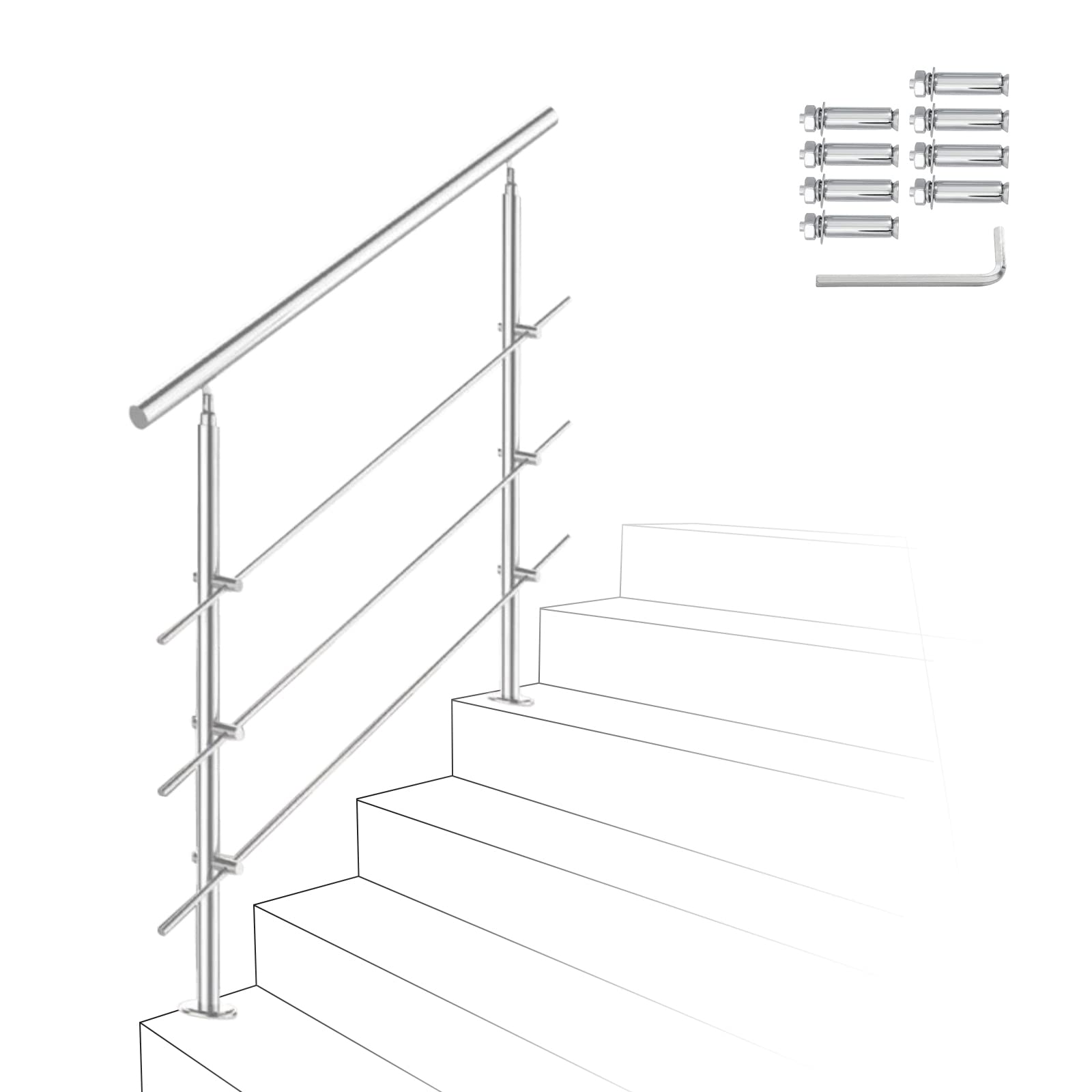 100 cm, ringhiera per scale in acciaio inox con 3 barre trasversali, corrimano regolabile ad angolo, ringhiera per interni ed esterni