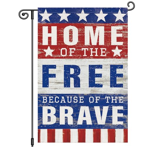 Louise Maelys 4th of July Patriotic American Garden Flag Home Of The Free Because Of The Brave 12x18 Inch Double Sided Stars and Stripes Small Burlap Yard Sign Outside Outdoor House Decor