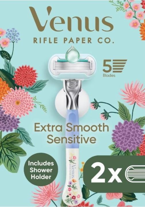 Venus + Rifle Papers Co Extra Smooth Sensitive 5-Blade Women's Razor with 2 Razor Blade Refills and Shower Holder