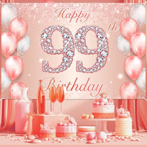 Image of Happy 99th Birthday Rose Gold Banner Cheers to 99 Years Old Backdrop Confetti Balloons Theme Decor for Women 99 Years Old Pink Birthday Party Decorations Bday Supplies Background Favors Gift Glitter
