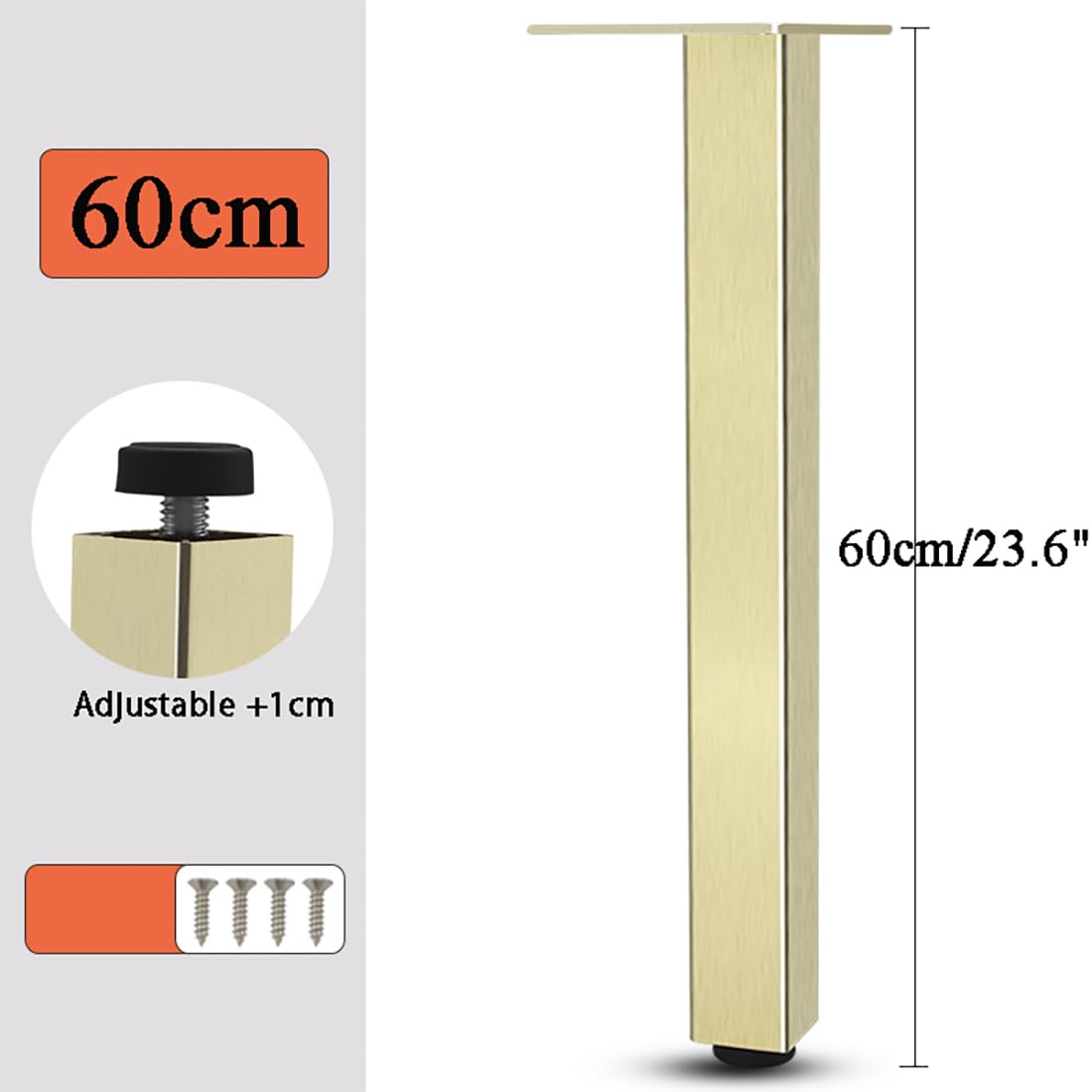 Tischbeine Gold, 4er Set Tischbeine, Höhenverstellbar: 6-60cm Sofasfüße Vierkant Schrank Füße Couchtisch Beine Sockelfuß Tischfüße Aluminiumlegierung Mit Schrauben-60cm/23.6"