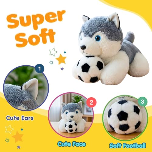 Image of Tickles Cute Husky Dog with Football Soft Stuffed Plush Animal Sports Theme Toy for Kids Boys & Girls Birthday Gifts (Size: 28 cm Color: White & Grey)