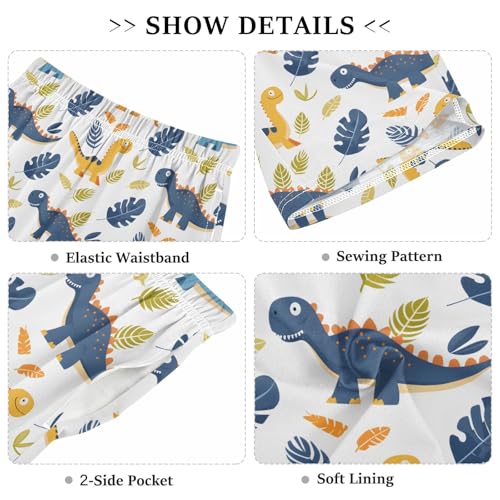 ALAZA Dinosaur Leaf White Pajama Shorts Sleep Shorts Pant Lounge Pajama Bottoms Elastic Waist with Pockets3