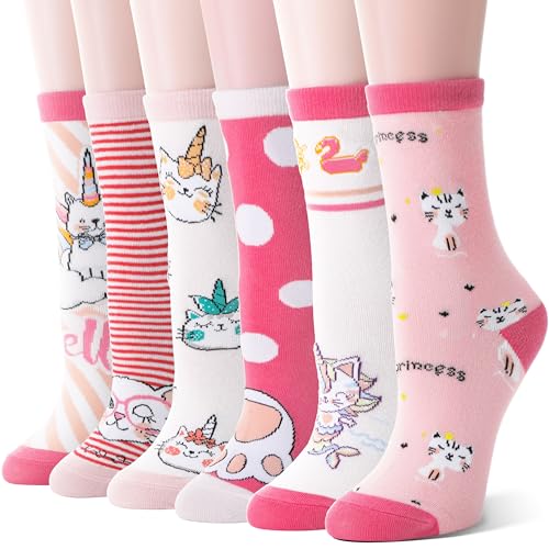 Sandsuced Kids Girls Cotton Socks Gift Soft Novelty Socks Fun Cute Cat Socks Stocking Stuffers for Girls Kids 6 Pairs (Pink Cartoon Cat 5-8 Years)