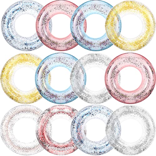 Junkin Inflatable Pool Floats Tube 33.64 Inch Swimming Ring for Adults Pool Beach Summer Outdoor Bachelorette Party Supply(Glitter Style,Transparent,12 Pcs)