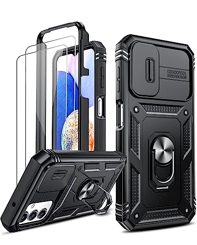 LeYi for Samsung Galaxy A14 4G/5G Case with Camera Cover Slider Full Body Armour Military Shockproof Phone Cover | 2 Pack Tempered Glass Screen Protector | Ring Stand Holder for A 14 Black