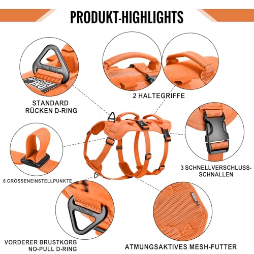 OneTigris Hundegeschirr, T-Bone Taktisches Geschirr mit 2 Griff Ausbruchsicher Einstellbar Brustgeschirr für Hunde Jagd Wandern Trainierung Spaziergang Outdoor-Aktivitäten (Orange, M)