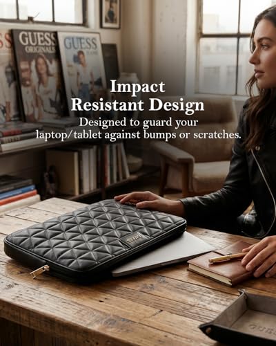 Image of CG MOBILE Guess 13-Inch Laptop Sleeve Case Official Licensed Grained Quilted 4G PU Leather | Stylish Protective Laptop /MacBook Bag for Men & Women - Black