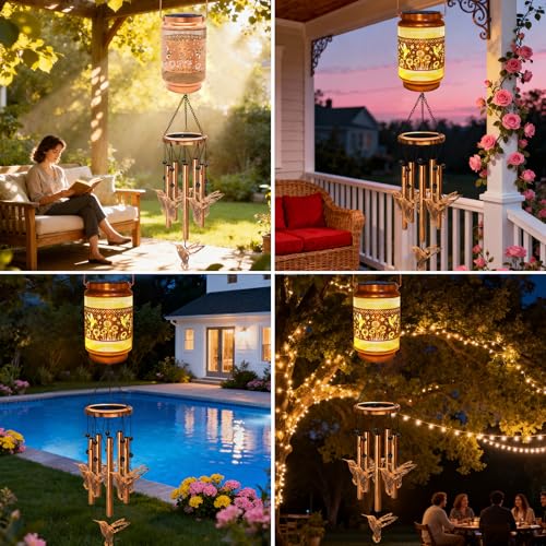 Image of 2 Pack Hummingbird Solar Wind Chimes for Outside, Gifts for Mom Women Grandma Birthday Memorial Teacher, 32 inch Windchimes Outdoor Decor Hanging Solar Lantern for Garden Porch Patio Backyard