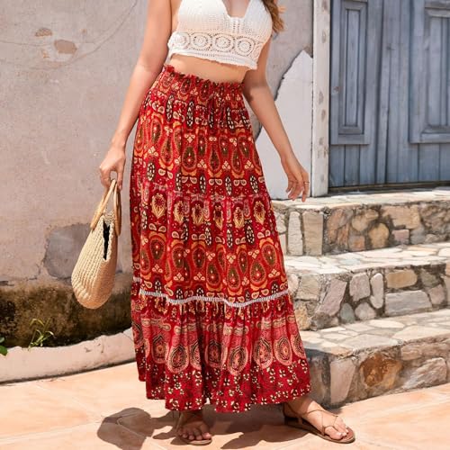 Lu's Chic Women's Long Skirt Pleated High Waisted Beach Ruffle Gypsy Spring Stretch Pull On Flowy Elastic Fashion3