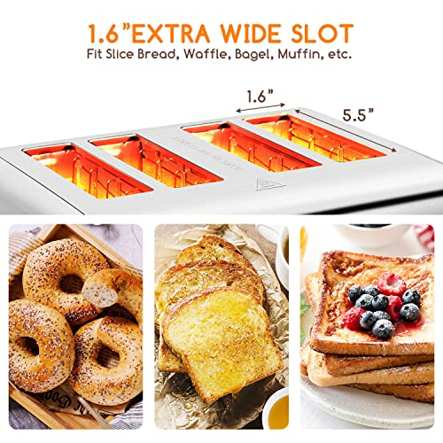 Toaster 4 Slice Wide Slot Stainless Steel Toasters With Bagel, Reheat, Cancel, Defrost Function, 6 Shade Settings, Removable Crumb Tray, 1550W, Aigostar #TOP2