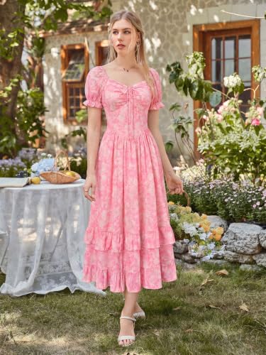 Image of Scarlet Darkness Women Floral Maxi Dress Puff Sleeve Tea Party Corset Dress | Pockets, Ruched Bust, Ruffled Hem, for Cottagecore Fairy Milkmaid Vacation