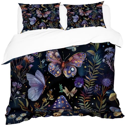 Reateforin 3PCS Celestial Witch Garden Duvet Cover Queen Size Dark Floral Butterfly Comforter Covers,Boho Aesthetic Celestial Witchy Mystic Gothic Wildflower Plant Botanical Black Bedding Sets 88