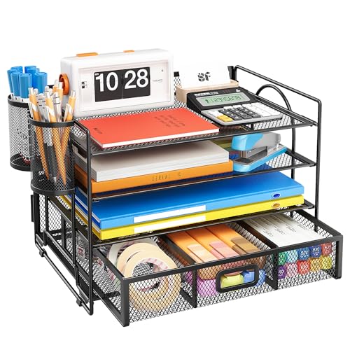 VITVITI Desk Organiser Tray, 4 Tier Letter Paper Tray Organiser with 2 Pen Holders