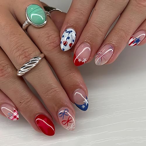 4th of July Press on Nails Short Almond Oval Fake Nails with Bow Star Fireworks Cherry Designs Fourth of July Nails Press ons Glossy Glue on Nails White Red Blue Stick on Nails for Women 24Pcs