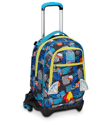 SJ Gang Trolley Scuola Jack 3 Ruote Blu Go to Space 3 in 1 Triplo Uso Zaino Con Carrello Sganciabile Tasca Porta Borraccia e Crossover System Elementare Bambino