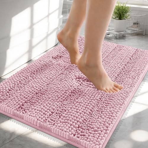 Image of OLANLY Thick Small Bathroom Rugs 24x16, Extra Soft Absorbent Chenille Striped Bath Rugs, Rubber Backing, Machine Wash, Bath Mats for Bathroom Floor, Tub and Shower, Home Decor Accessories, Dusty Rose