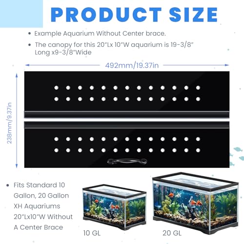 Image of Sieral Aquarium Polycarbonate Canopy Set 19.37 x 9.37 x 0.12 Inch for 10 /20 Gallon Without Center Brace Aquariums Cover Fish Tank Lid with a Hook Knife, Breathable Hole, Handle(Black)