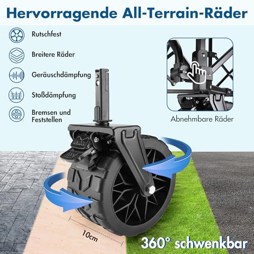 VILLEY Bollerwagen Faltbar 220L 150KG, 10x18cm Extra Breite Reifen, All Terrain XXL Handwagen klappbar mit Bremsen, Transportwagen Einkaufstrolley für Camping Strand Einkaufen, Blau – Bild 6