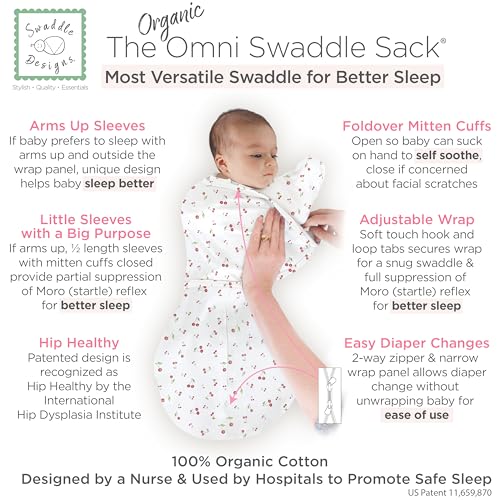 Image of SwaddleDesigns Organic 6-Way Omni Swaddle Sack w /Wrap, Cherries, 12-18 lb