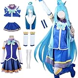 Blue Cosplay Costume Dress Uniform Outfit Halloween Party for Womens (aqua53+wig,XXXL)