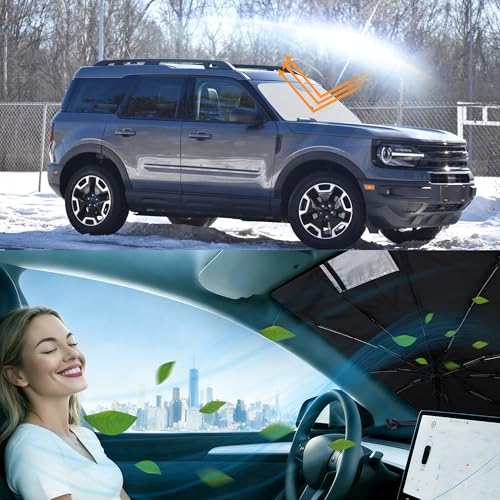 Image of Windshield Sun Shade Umbrella for 202-2026 Ford Bronco Sport | Full covered for windshield, Block UV Rays, Heat Reduction, Easy to install, Durable & Fold Up Small
