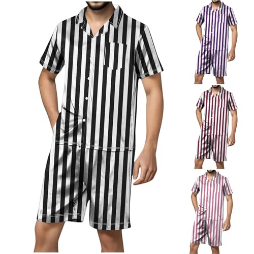 Cambkatl Men's Smooth Striped Satin Pajama Set Short Sleeve Silk Sleepwear Classic Button Down 2-Piece Pjs Set2
