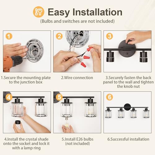 Kvhiiw Crystal Bathroom Light Fixtures, Bathroom Lighting Fixtures Over Mirror, Modern 4-Light Brushed Nickel Vanity Lights for Mirror, Restroom, Kitchen(Ceramic E26 Socket,Bulbs Not Include) by Kvhiiw - Used condition - Image 9