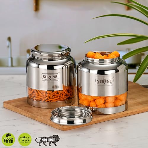 Image of Serene Stainless Steel Exotic See-Through Jar | Airtight Jars for Kitchen Storage | Premium Steel Jars with One Turn Lock Lid | Transparent Stainless Steel Containers | 1500ML | 2 PC