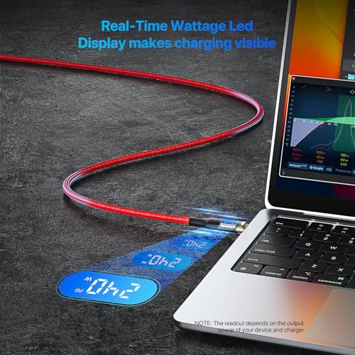Image of SOOPII USB C to USB C Cable [240W 10ft],Fast Charging USB C Cable with LED Display for MacBook Pro,lPhone16 /15 /15Pro /15ProMax,Galaxy S23+ /S23 Ultra /S22 Ultra,etc.,Transparent Shell,(Red)