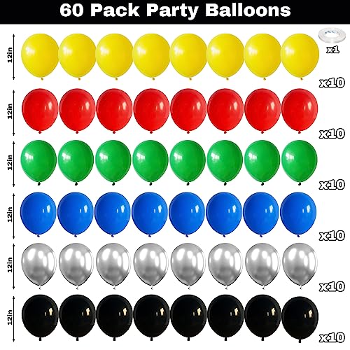 Image of 60 Pack Balloons Red Yellow Green Blue Black Party Balloons with Metallic Silver Helium Balloon, Rainbow Colorful Latex Balloons Set for Kids Birthday Carnival Themed Decorations