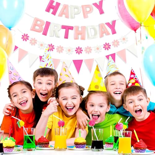 Image of CANREVEL Pre-Strung 3D Happy Birthday Banner, 3 PCS Happy Birthday Felt Garland, Pom Pom Garland, Triangle Fabric Garland Bunting, Reusable Birthday Decorations for Women Men Girls Boys, Pink Flower
