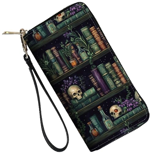 RFID Blocking Leather Wallet for Women – Large Capacity Zip Around Clutch with 8 Card Slots,41 Cash Pockets & Coin Zipper,Retro Bookshelf