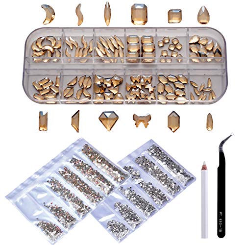 Ailipu 120+3840 Pcs Nail Rhinestones Sets, 3D Mixed Shapes Champagne Crystal Rhinestone for Nail Art, Mixed Size Flatback Nail Diamonds AB and Clear Colors for Nail Art Decoration