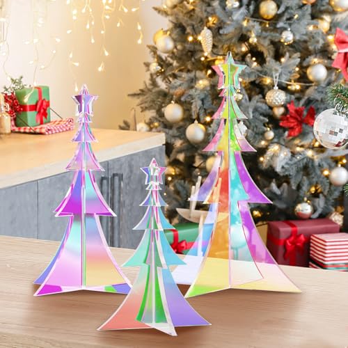 Marsui 3pcs Acrylic Christmas Tree Tabletop Decoration Iridescent Small Holographic Centerpieces for Christmas Table Tiered Tray Home Office Decor