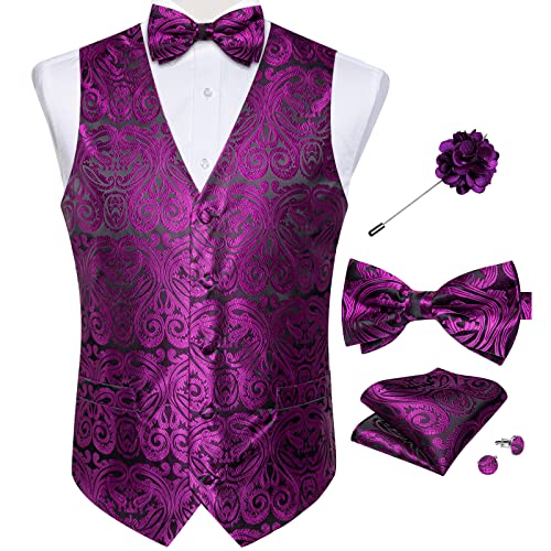 Image of DiBanGu Mens Paisley Suit Waistcoat,Silk Dress Vest and Bowtie Pocket Square Cufflinks with Lapel Pin Set for Wedding Tuxedo