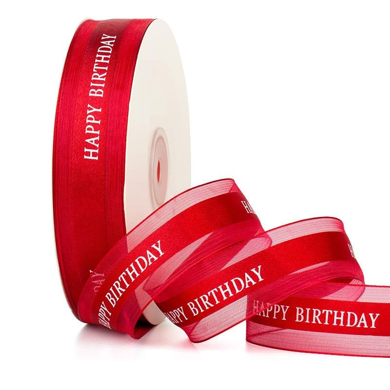 2.5cm Wide Happy Birthday Ribbon Cake Gift Package 45 Meter Long Ribbon Party Art Craft Decoration Florist Flower Decoration Supplies (Red)