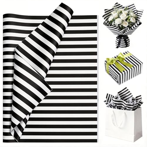 Luckonway 40 Sheets Black Stripe Tissue Paper Bulk 20 x 14 Inches Black and White Tissue Paper Premium Gift Wrapping Paper for Gift Bags Birthday Holiday Decor(Black Stripe)