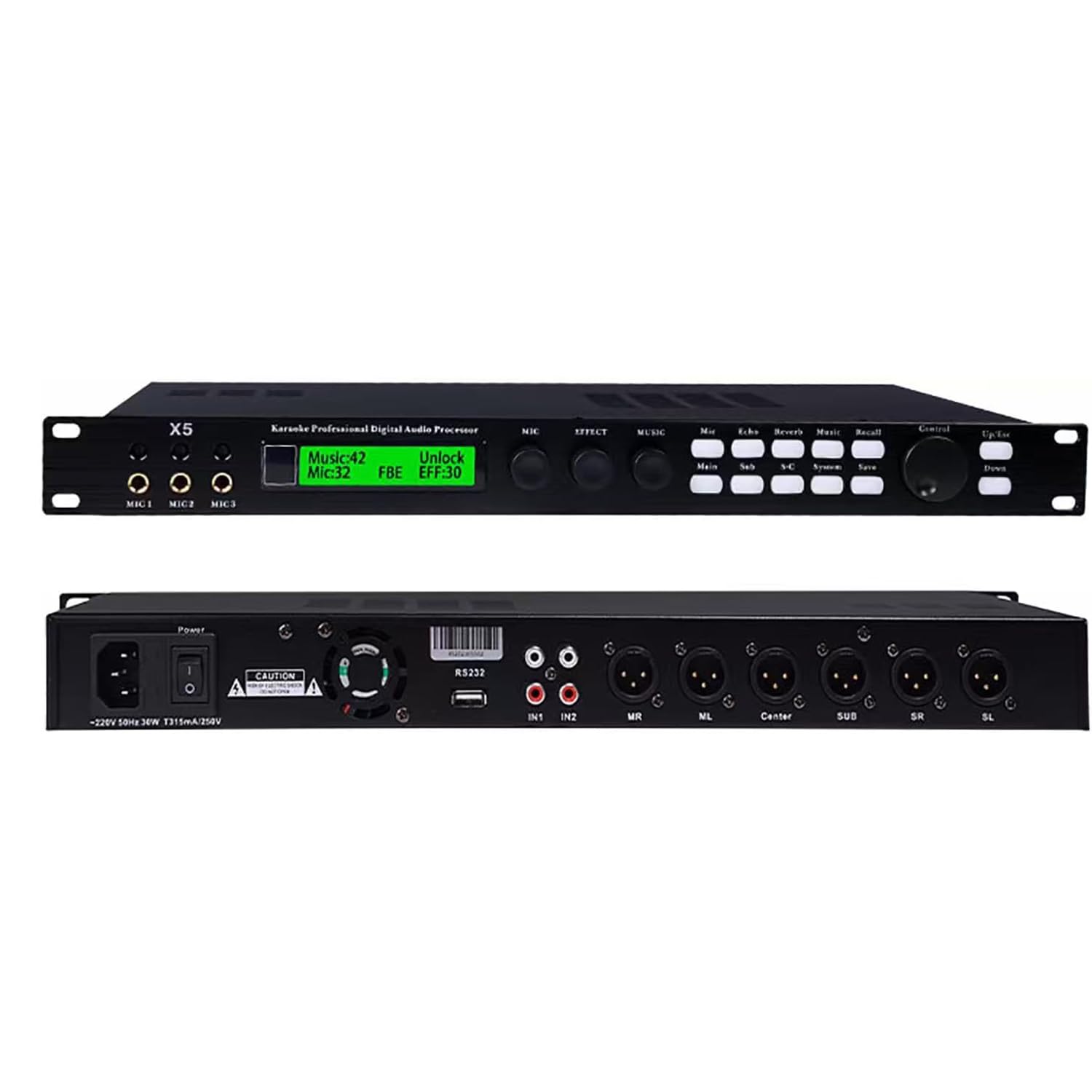 COYEUX Processeur Audio Numérique Professionnel X5 Karaoke, Réverbération Numérique DSP Anti-Larsen, Prise en Charge De La Sortie 5.1 Canaux, 3 Canaux Microphone, pour Haut-Parleur, Scène, Spectacle