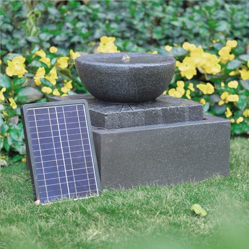 Warmiehomy Solar Powered Water Feature, 2 Tier Basin Solar Fountain with LED Lights & Pump, Zen Stone Bowl Cascading Waterfall Ornament Outdoor, Bird Bath Garden Decor Water Features, 50 x 50 x 41 CM