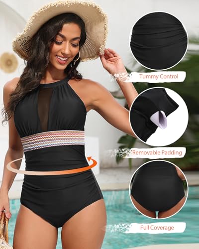 Image of Tempt Me Women One Piece Swimsuit Tummy Control Bathing Suit | High neck, Removable cups, Full coverage, Ruched, Mesh, Full lining